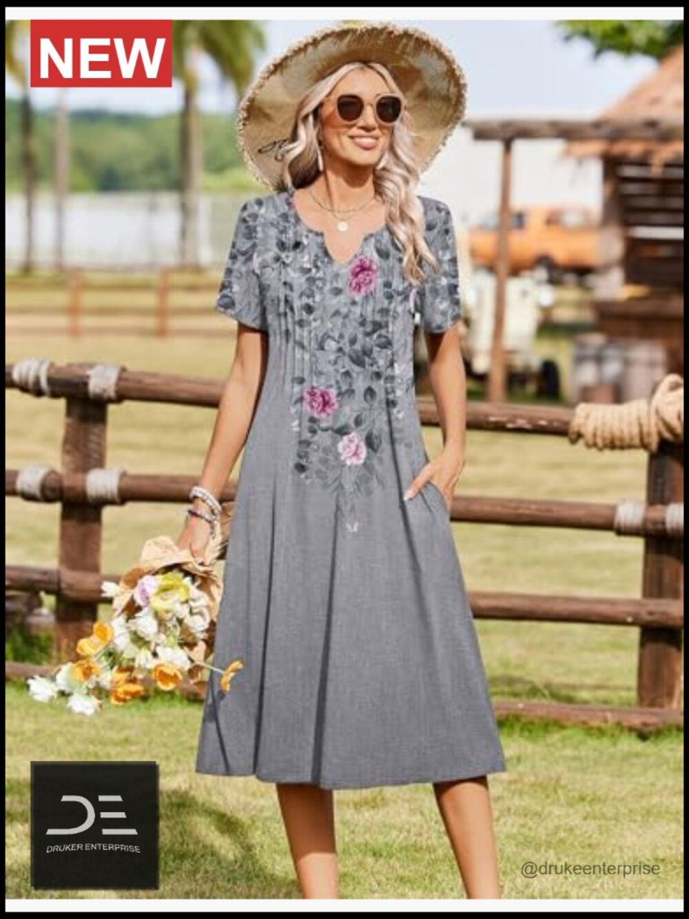 Casual Short Sleeve A-Line Midi Dress with Pockets Flowy Pleated T-Shirt - Picture 3 of 7